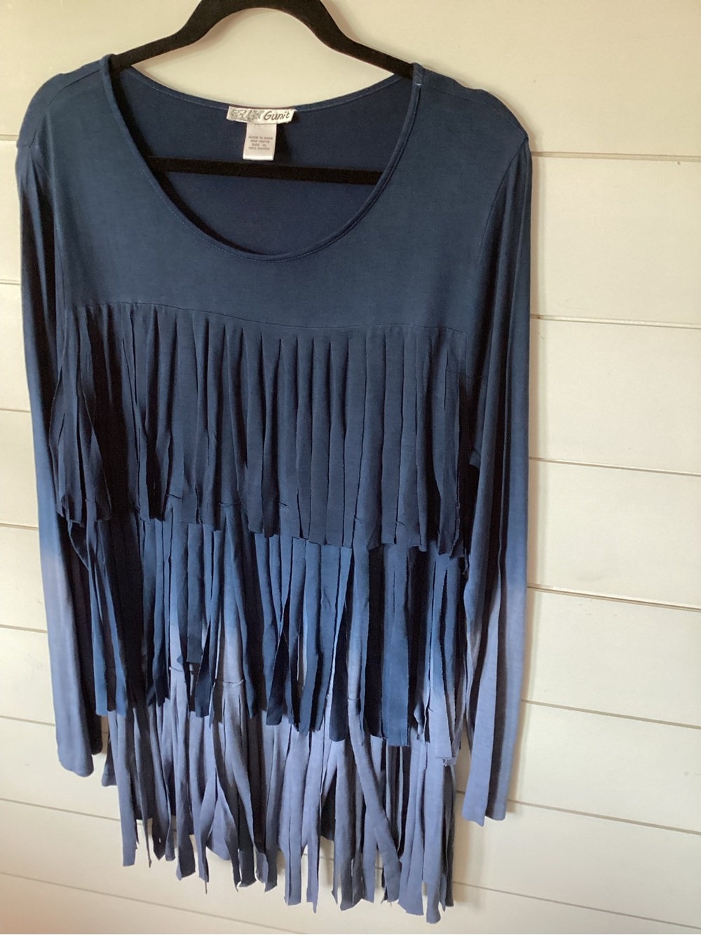 Blue Long-Sleeve Fringe Top by